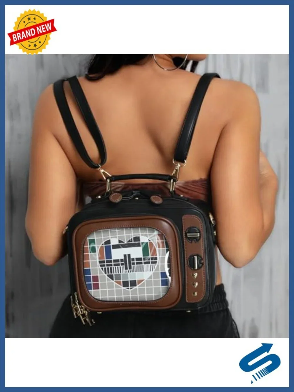 Retro TV Ita Bag Backpack with 2 Inserts, Faux Leather Display Purse